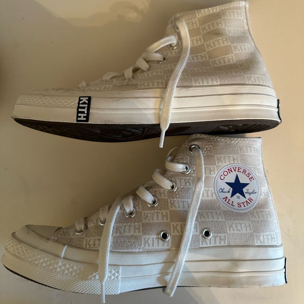 This is ‘CONVERSE X KITH Unisex Chuck 70 Hi Sneakers, Natural, Monogram’